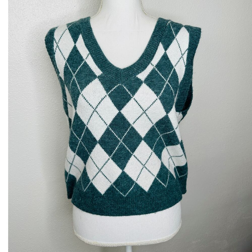 Sugar Muted Sage Green White Cream Argyle VNeck Sweater Vest
